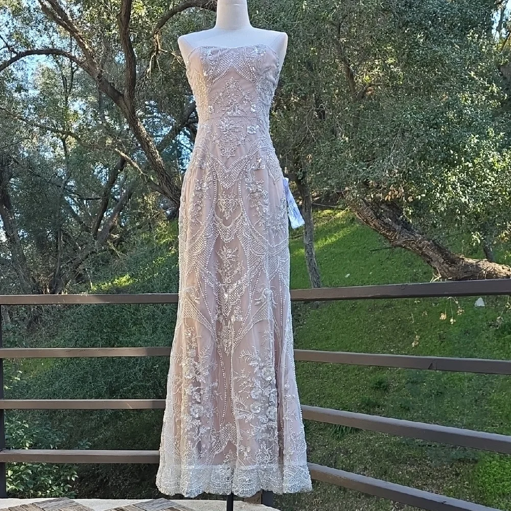 NWT $598 DRESS THE POPULATION SHERIDAN STRAPLESS GOWN DRESS IN WHITE & NUDE SZ S - Picture 2 of 11